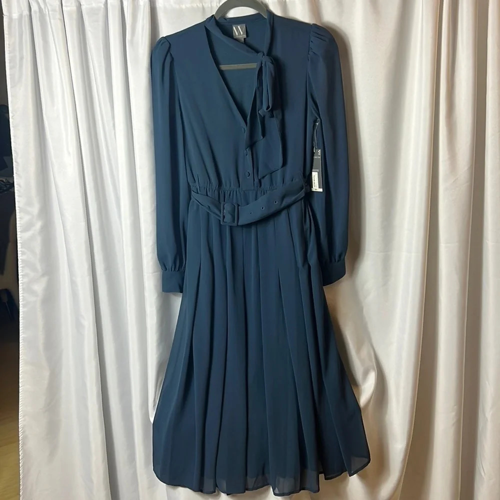 Worthington Teal-Blue Long Sleeve Pleated Midi Dress with Tie Neck